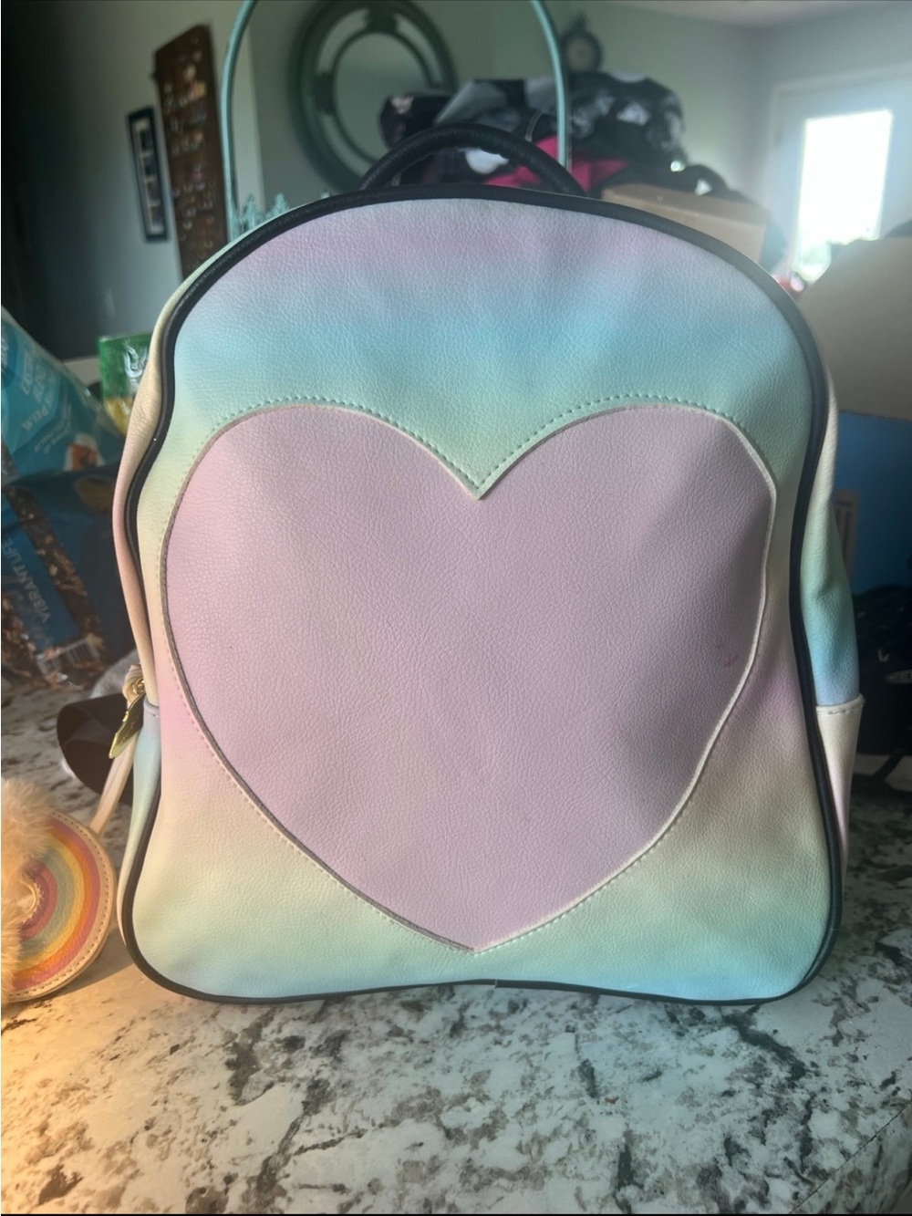 Betsey Johnson Pastel Rainbow Mini Backpack with Pink Heart